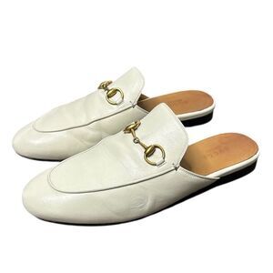 Gucci Princetown Horsebit Loafer Mule EU 37.5 Cream White Leather Buckle Slipper